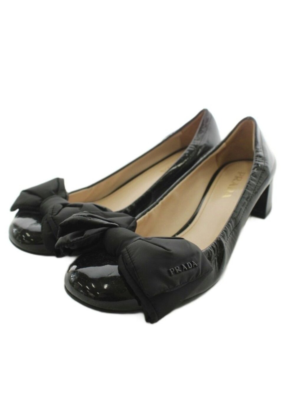Prada Pumps Round Toe Chunky Heel Ribbon Patent Black
